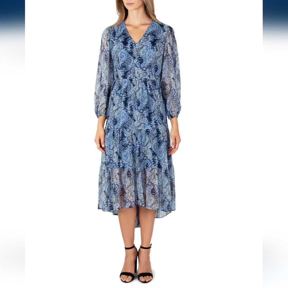 Joie Blue Pattern Tiered V Neck Long Poof Sleeve Maxi Dress Women's Size XXL
